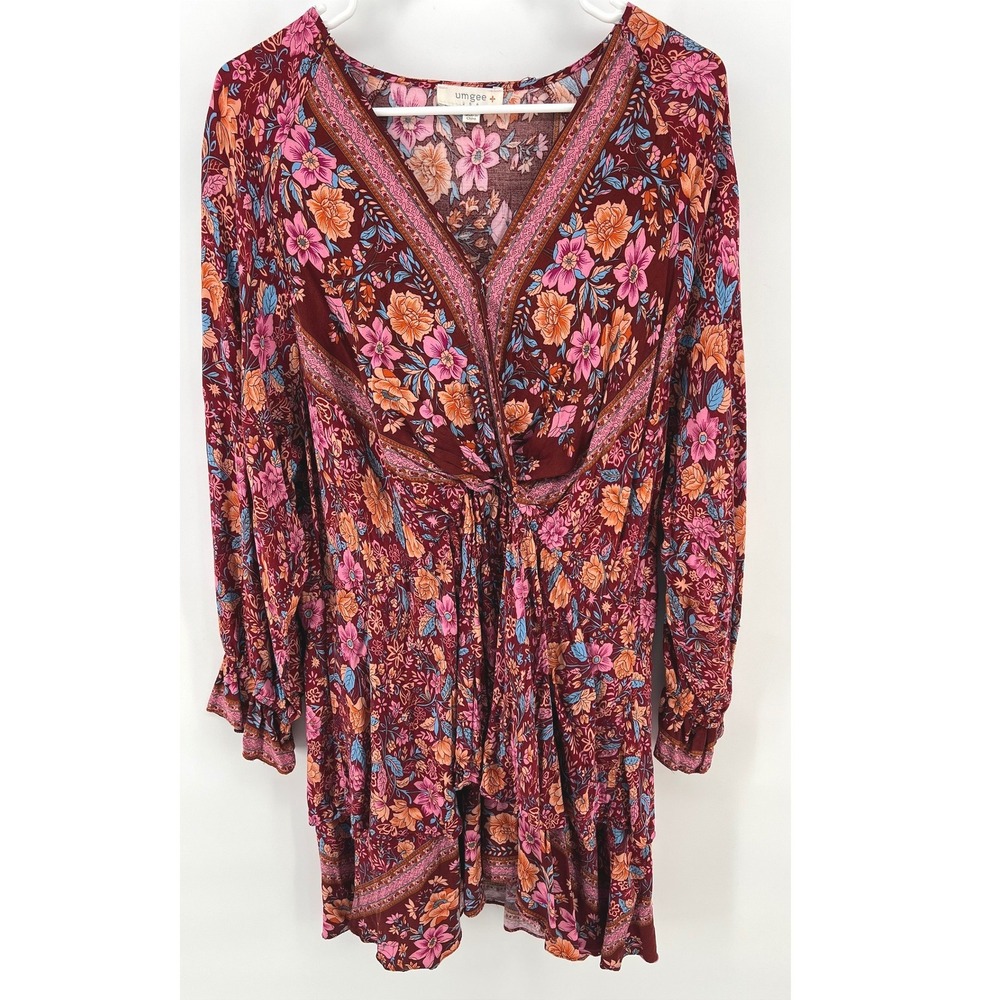 Umgee Women 2XL Babydoll Floral Mini Dress Burgundy Long Sleeve Boho Cottage